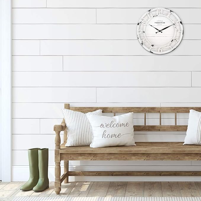 Presentime & Co 13" Farmhouse Series Wall Clock, Quartz Movement, Shiplap Style, Raised 3D Arabic Numeral, Antique Distressed White