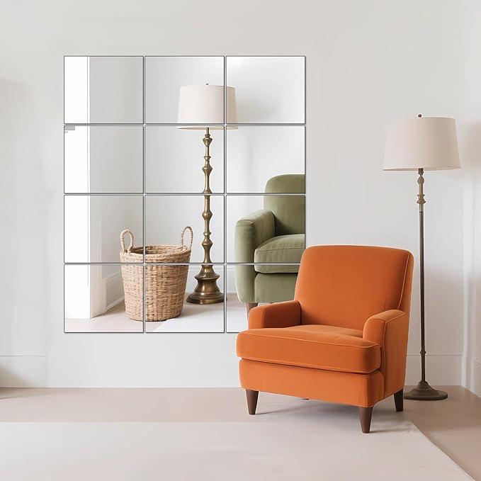 Ruomeng Gym Mirror Tiles - 14" x 12" x 12Pcs Wall Mounted Mirror Glass Frameless Full Length Mirror Tiles for Home Gym, Bedroom, Door & Bathroom