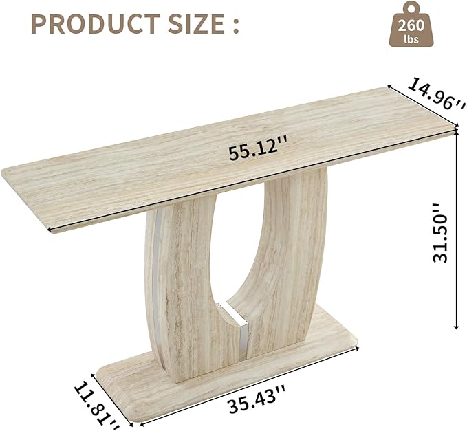 LKTART 55" MDF Console Table for Entryway, Narrow Entryway Table with Faux Mars Marble Pattern, Couch Tables Behind Sofa with U-Shaped Base for Living Room Hallway Foyer, Dark