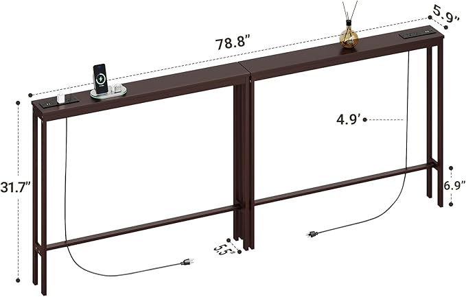 ELYKEN 2 Pack 5.9" Narrow Console Sofa Table with Power Outlets, 5.9" Dx39.4 Wx31.1 H Bamboo Behind Couch Table with Charge Station, Brown