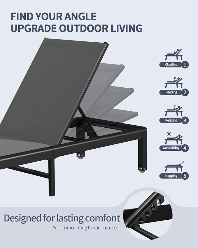 Aluminum Lounge Chairs Outdoor Chaise Furniture,2 Sets Patio Metal Deck Lounger Adjustable 5-Position Poolside Chase Recliner with Wheels for Beach,Coffee Table, (Gray, 2 Chairs + Table)