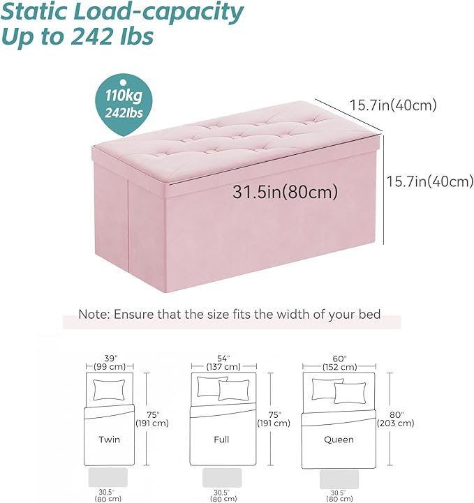 BRIAN & DANY Folding Storage Ottoman Bench, Ottoman with Storage, Foot Rest, Benches Seat for Bedroom, Living Room, Entryway, Long Shoes Bench, 15.7" x 31.5" x 15.7" Pink