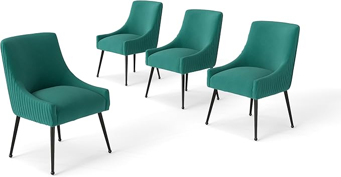 Dining Chairs Set of 4,Modern Velvet Accent Kitchen Chairs,Dark Green Striped Dining Chairs with Black Legs Upholstered Guest Chairs for Living Room/Kitchen/Restaurant/Study Room