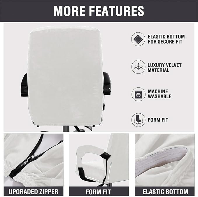 Velvet Plush Mesh Office Chair Cover - Cat Proof Stretchable Protector for Ergonomic Computer Desk Chair with Wheels Armrests, Comfy Executive Chair Cover for Home Office, Easy Install, White, XL