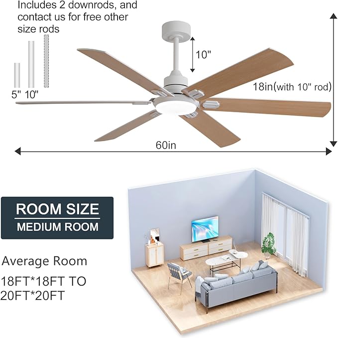BOOMJOY 60 Inch Ceiling Fans with Lights and Remote,Outdoor/Indoor Ceiling Fan with Quiet Reversible DC Motor, 6 Blades White Ceiling Fan for Living Room Patio Bedroom