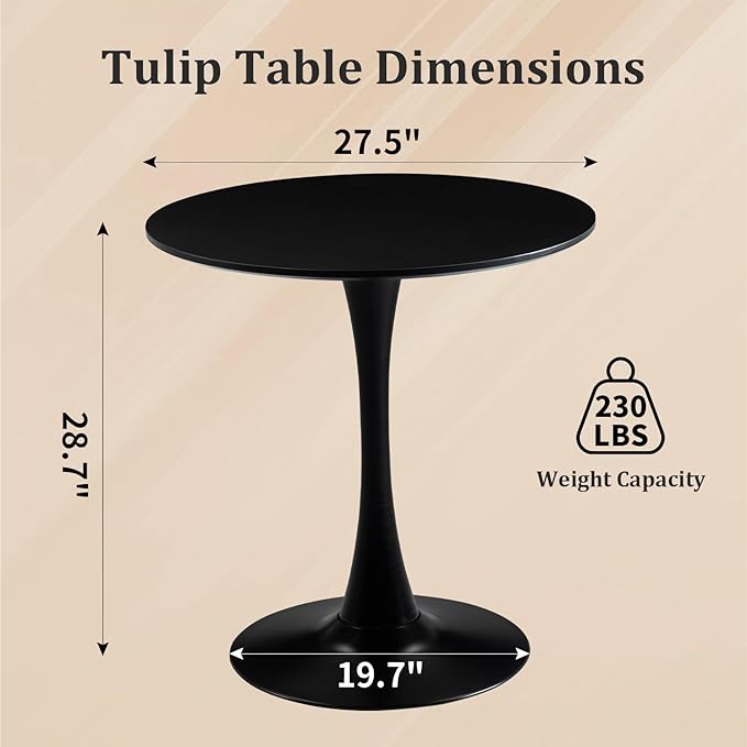 27.5" Small Round Dining Table, Modern Tulip Style Table for 1-2 People, Space-Saving Table for Dining Room, Kitchen, or Cafe, Black Pedestal Base
