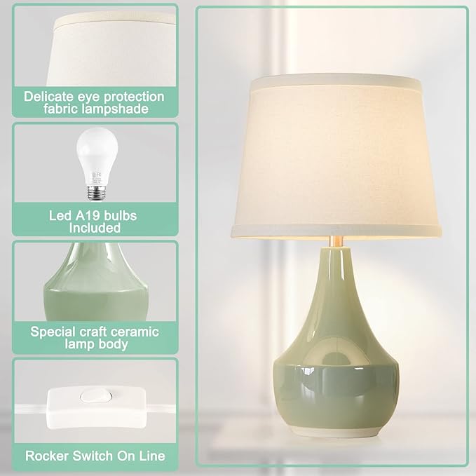 GyroVu Table Lamp Set of 2, 18.63” Ceramic Table Lamp Classic Beside Lamps Nightstand Lamp Modern Lamp for Living Room, Bedroom & Office Rocker Swtich Sage Green-LED Bulbs Included