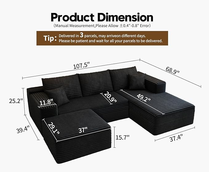107.5" Cloud Modular Sectional Sofa with 1 Ottoman,Modern Minimalist Upholstered Couches, Comfort U Shaped Sofa for Living Room,Deep Seat Corner Couch，No Assembly Required (Black,Right Facing Chaise)