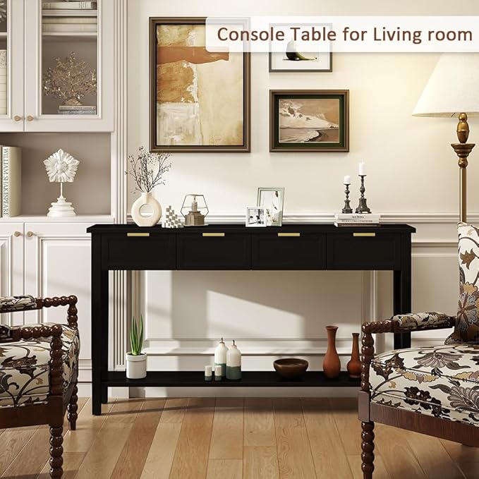 Console Tables for Entryway, 60 Inch Sofa Table w/4 Drawers and Bottom Shelf Narrow Long Hallway Table for Living Room Entryway Home, Black