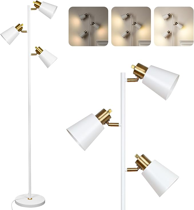 Tree Floor Lamp for Living Room, Industrial 3-Light Standing Lamp with 3 LED Bulbs, Adjustable Rotation Heads, Standing Tall Pole Lamp Farmhouse Rustic Reading Lamps for Bedroom Office (White Gold)