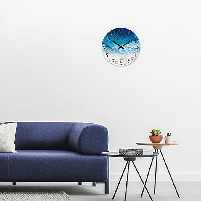 XNM Round Beach Battery Operated Wall Clock Decorative 14 Inch Bedroom Clock Analog Blue Coastal Wall Clock Silent