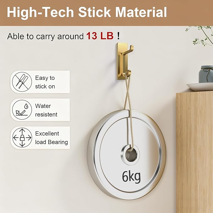 pickpiff Wall Hooks for Coat and Towel: 13LB Adhesive Door Hanger Stick on, Brushed Gold