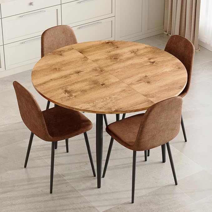 42" Round Dining Table for 4, 54" Oval Dining Table for 6, Extendable Kitchen & Dining Room Table with Metal Legs, Modern Rustic Space-Saving Adjustable Shape Dinner Table, Easy Assembly,White