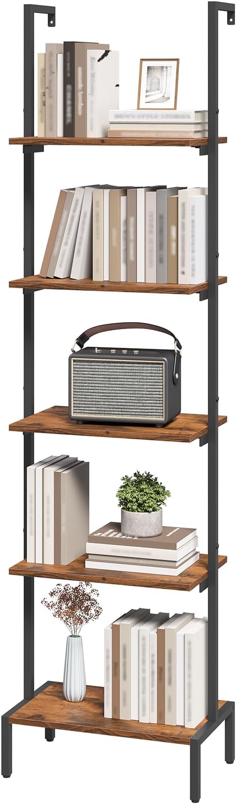 Ladder Shelf, 5-Tier Bookshelf, Ladder Bookcase with Wall Mount, Heavy Duty Industrial Style Storage Rack for Living Room, Office, Kitchen, Bedroom, Rustic Brown and Black LSHR5501