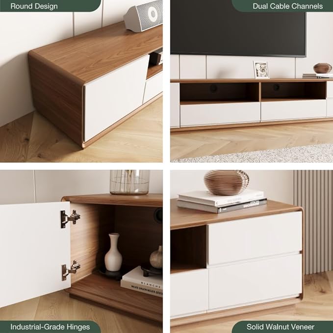 POVISON 94" Modern Wood White TV Stand, Lowline Media Console with 4 Drawers, Open Storage Cabinet, Walnut Veneer Fully-Assembled (TV Stand Only)