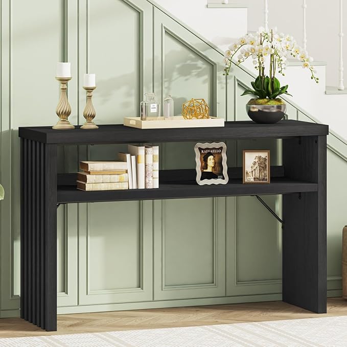 BON AUGURE Console Table with Storage, Black Entryway Table, Wooden Couch Tables Behind Sofa for Living Room, 2 Tier Front Door Entrance Tables (Black Oak, 47 Inches)