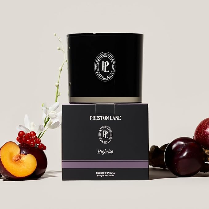 Preston Lane Luxury 3-Wick Scented Candle, Highrise, 24 oz Hand-Poured in USA | Long Burn Time (40–50 Hrs), Vegan Soy Wax Blend, Decorative Ceramic Vessel, Fine Italian Fragrance