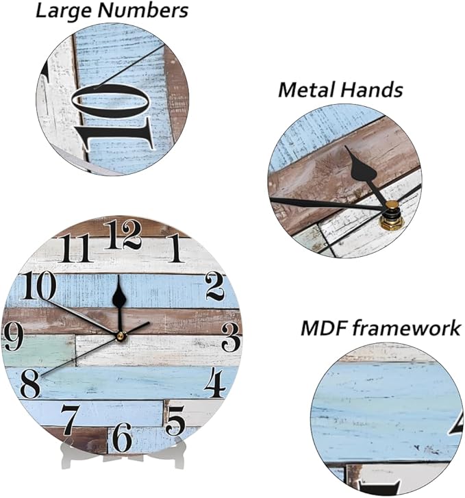 Rustic Coastal Country Wooden Wall Clock Battery Operated 10 in Round Wall Clocks Slilent Non Ticking Quartz Analog Clock for Bedroom Kids Living Room Classroom Decor