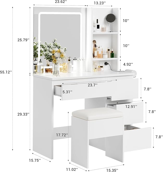 GarveeHome Vanity Desk with Mirror and Lights - Modern Makeup Dressing Table with Outlets, Storage Stool, 4 Drawers & Hair Dryer Holder - 3 Colors LED Vanity Mirror, Vanities for Bedroom, White