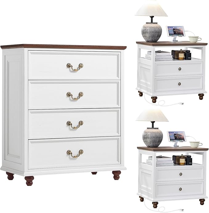 24" Wide Farmhouse Nightstand with Charging Station Set of 2,54" 7 Drawers Dresser, 37" Tall Rustic Chests of Drawers, Farmhouse Furniture Series for Bedroom,White