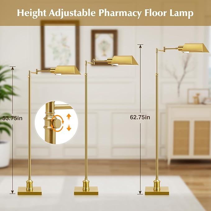 GyroVu Traditional Height Adjustable Pharmacy Floor Lamp with 350° Swing Arm, Color Temperature Adjustable Standing Lamp Metal Shade for Living Room Reading House Bedroom Home Office(Gold)