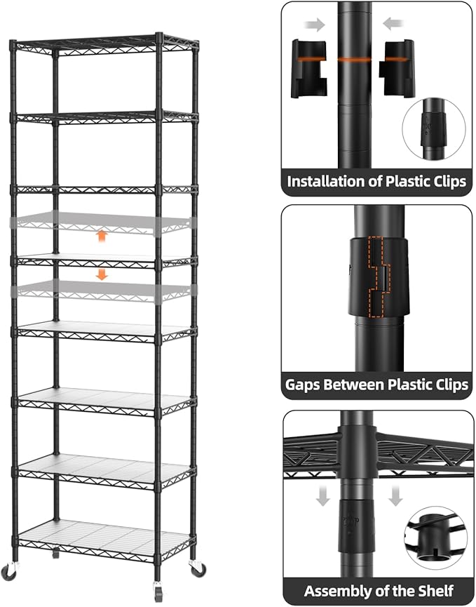 SINGAYE 8 Tier Shelf Organizer Storage Metal Shelves Garage Wire Shelving Unit Pantry Rack Adjustable Standing Storage for Kitchen Closet Laundry Bathroom Pantry 12" D x 22" W x 74" H Black