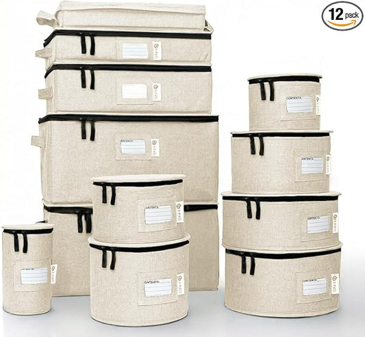 Hard Shell China Storage Containers 12-Piece Set Moving Boxes for Dinnerware, Glasses, Plates, Mugs and Saucers Sturdy Dish Organizer with Dividers for Seasonal Storage - Service for 12 - Beige