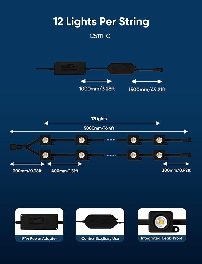 APPECK Permanent Outdoor Lights 300ft with 216 LED Lights, 108W Smart RGBW Eaves Lights, DC 36V, 40LM, IP67 Waterproof String Lights for Halloween Christmas Decor, Compatible with Alexa, Black