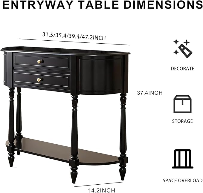 Black Entryway Table Narrow, Half Moon Console Table with Two Drawers, Solid Wood Mid Century Modern Console Table with Adjustable Legs for Living Room, Foyer, or Hallway