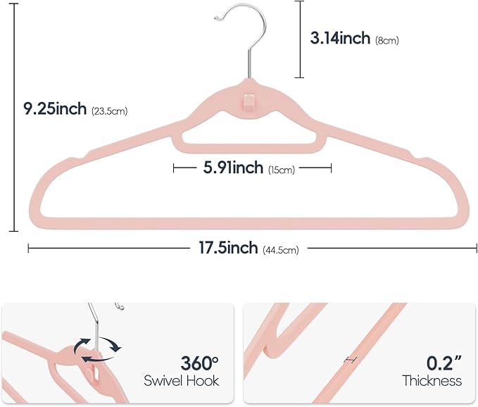 Velvet Hangers 50 Pack Pink, Non Slip Stackable Clothes Hangers with Cascading Hooks, Ultra Thin and Space Saving Felt Hangers with Tie Bar, 360° Swivel Hooks, Heavy Duty for Suit Coat Shirt Pant