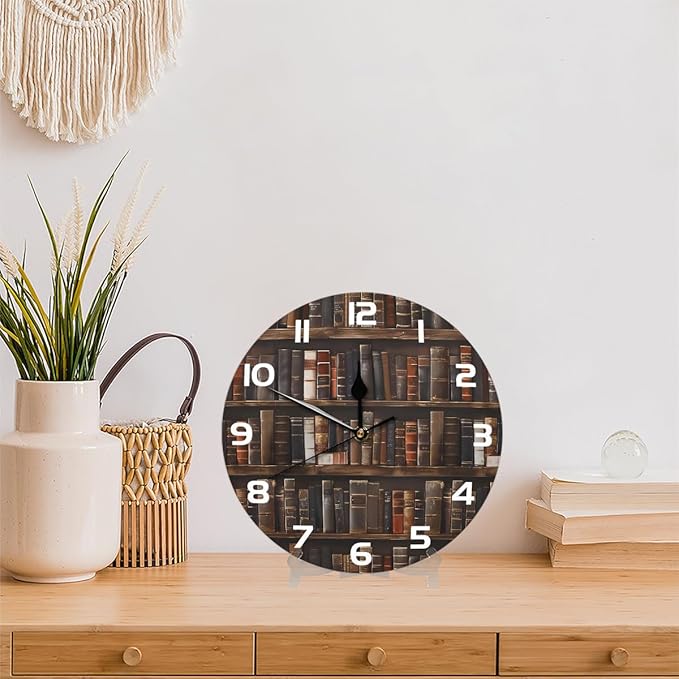 Retro Bookshelf Books Wallpaper Wall Clock Battery Operated 10 in Round Wall Clocks Slilent Non Ticking Quartz Analog Clock for Bedroom Kids Living Room Classroom Decor
