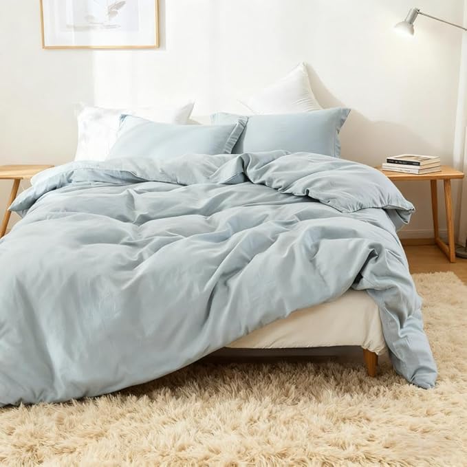 Simple&Opulence French Linen Duvet Cover Set 68" x 86"- 2 Pieces (1 Comforter Cover,1 Pillowcase)- Natural Flax Cotton Blend-Solid Color Breathable Farmhouse Bedding-Dusty Blue, Twin