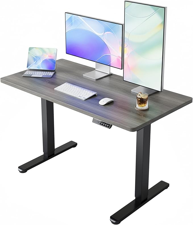HUANUO 55" x 28" Electric Standing Desk Adjustable Height, 4 Memory Height Settings, Headphone Hook, Cable Manager, Sit Stand Up Desk for Home Office & Computer Workstation, Grey