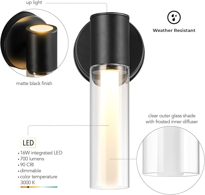GLOBE Electric 60000127 16-Watt LED Integrated Outdoor Wall Sconce, Matte Black, Clear Outer Glass Shade, Frosted Inner Tube, Up/Down Light Direction, 700 Lumens, 3000 Kelvin, 90 CRI, Dimmable