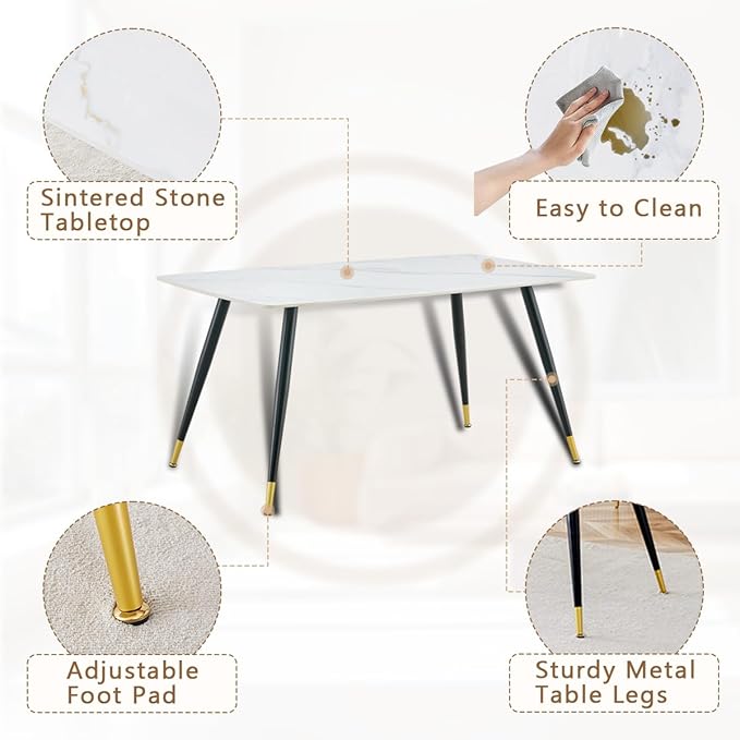 White Dining Table Set for 4, Sintered Stone Dining Room Sets for 4, Easy to Assemble