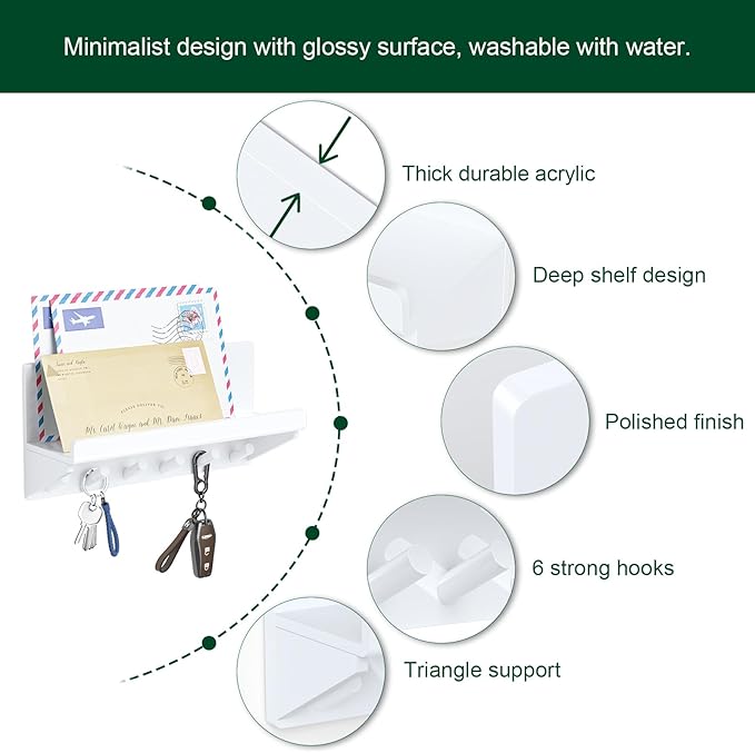 Decorative Acrylic Key Holder - Wall Mount Key Hooks with Shelf, Entryway Key Rack, Mail Organizer, Living Room Decor (White)