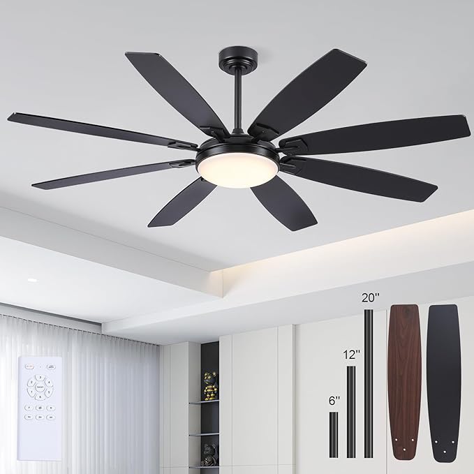 66 Inch Ceiling Fans with Lights and Remote,Black Large Ceiling Fan with Reversible Noiseless DC Motor, 3CCT, 6 Speeds, Modern Ceiling Fans for Living Room Patio Farmhouse