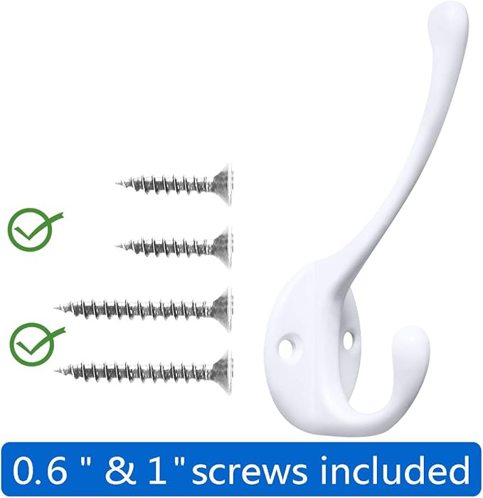 10 Pack Heavy Duty Dual Coat Hooks Wall Mounted with 20 Screws Retro Double Hooks Utility Black Hooks for Coat, Scarf, Bag, Towel, Key, Cap, Cup, Hat (White)