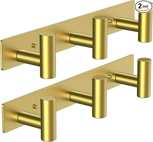 VAEHOLD Hat and Coat Wall Mount Rack - Hooks for Robes, Bags, Keys, and Towels - Bathroom Towel Hanger Organizer (Gold, “T“ Shape 3 Hooks 2 Pack)