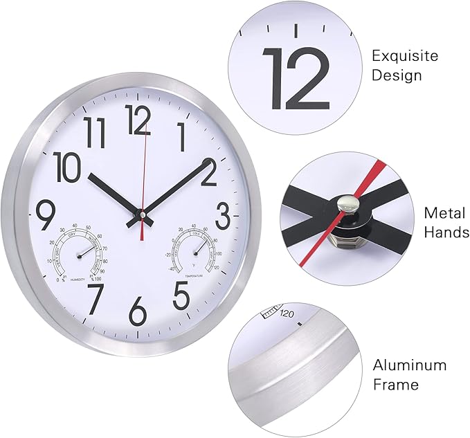 14Inch Wall Clock Battery Operated Aluminum Frame Wall Clocks, Silent Wall Clocks with Temperature & Humidity, Decorative for Home Housewarming Living Room