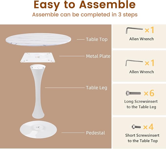 Round Dining Tulip Table for 2, Mid-Century Modern Table with Sturdy Metal Pedestal for Kitchen, Bistro, Cafe, Leisure (Faux Marble White, 24 INCH)