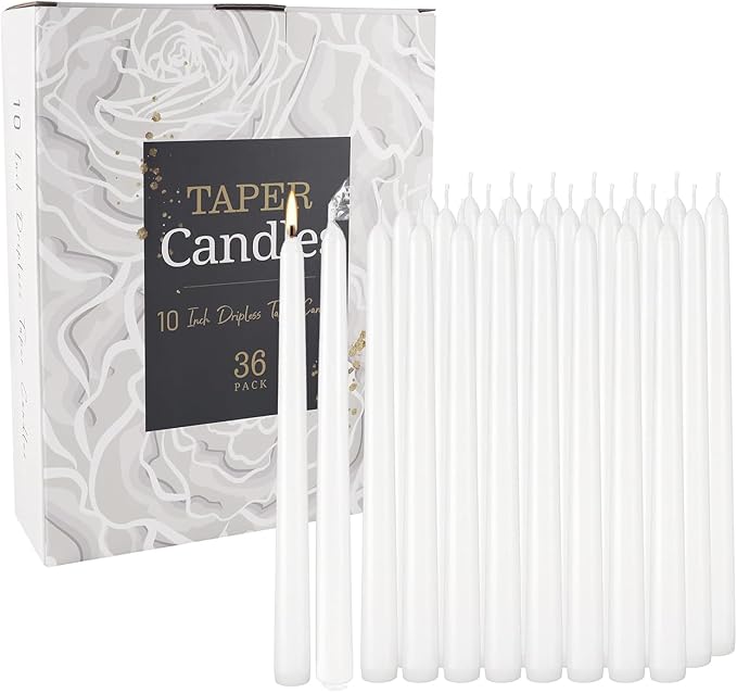 36 Pack White Taper Candles, 7-8 Hours Burn Time, Unscented, Smokeless and Dripless, 0.8 x 10 Inch Dinner Candle Set for Household, Wedding, Party and Home Décor Candlesticks