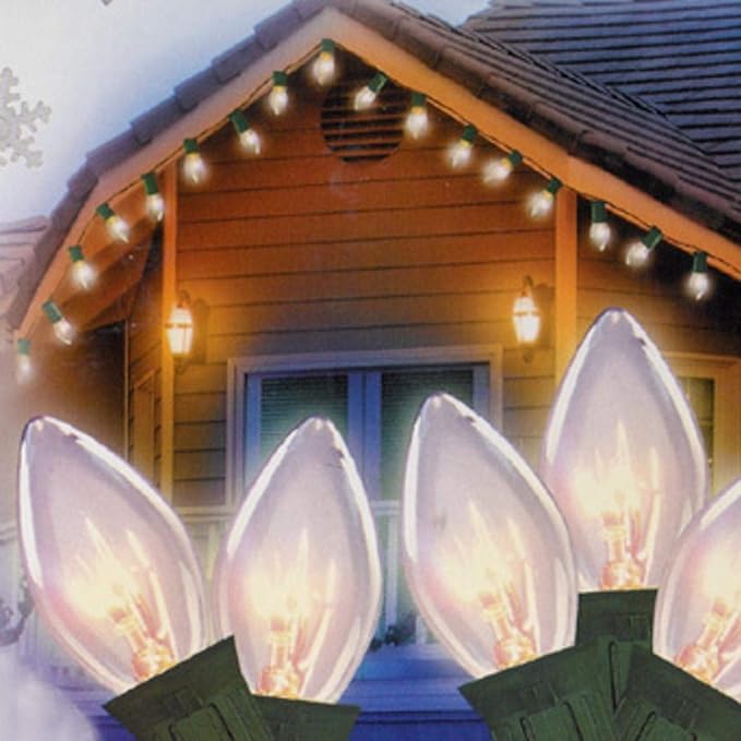 SUNSGNE C7 Christmas Lights, 25Ft Outdoor Christmas String Lights with 27 Clear Warm White Incandescent Bulbs, Xmas Vintage String Light for Patio, Cafe, Party Decor, Green Wire