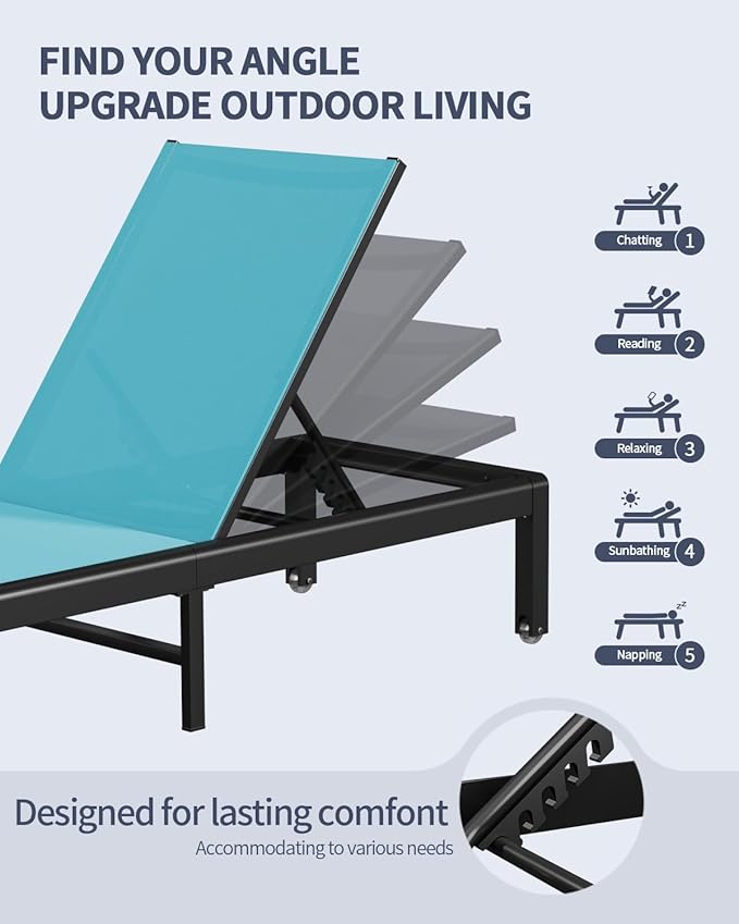 Aluminum Lounge Chairs Outdoor Chaise Furniture,2 Sets Patio Metal Deck Lounger Adjustable 5-Position Poolside Chase Recliner with Wheels for Beach,Coffee Table, (Blue, 2 Chairs + Table)