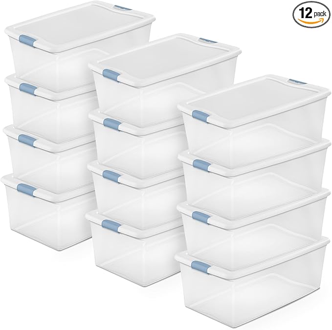 Sterilite 12-Pack Latching Box, Under Bed Storage Bins with Lids, Clear Plastic, 106 Quart - Heavy-Duty Organizing Containers for Closet, Bathroom, and Office
