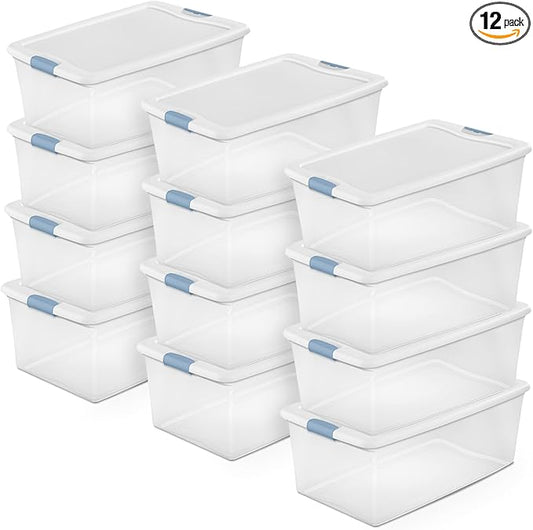 Sterilite 12-Pack Latching Box, Under Bed Storage Bins with Lids, Clear Plastic, 106 Quart - Heavy-Duty Organizing Containers for Closet, Bathroom, and Office