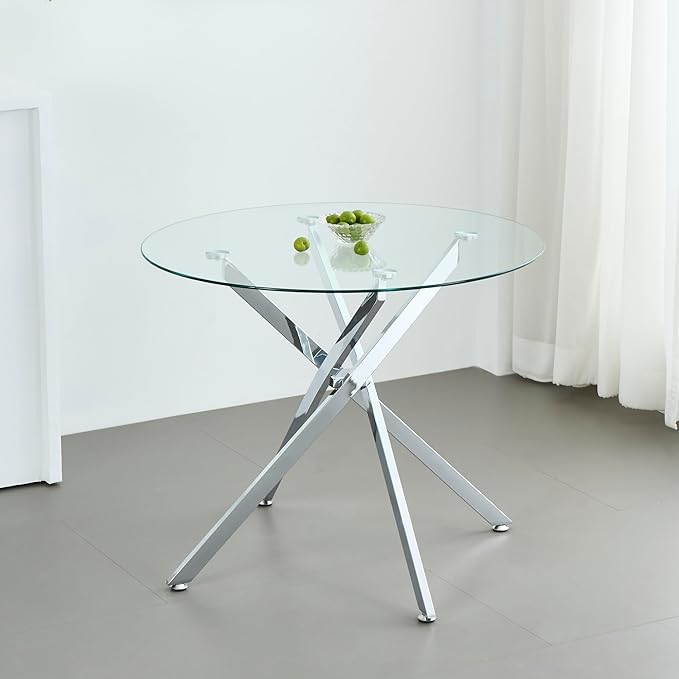 36" Round Glass Dining Table Modern Kitchen Glass Top Table for 4 with Silver Chrome Metal Legs, Clear Dining Table Kitchen Table for Home Office Dining Room