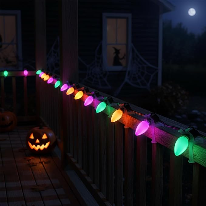 Halloween Lights, 25Ft C7 LED String Lights with Orange, Purple & Green Bulbs, Energy-Efficient, Waterproof, UL Certified for Outdoor & Indoor Halloween Yard, Porch, Patio, Garden Decorations