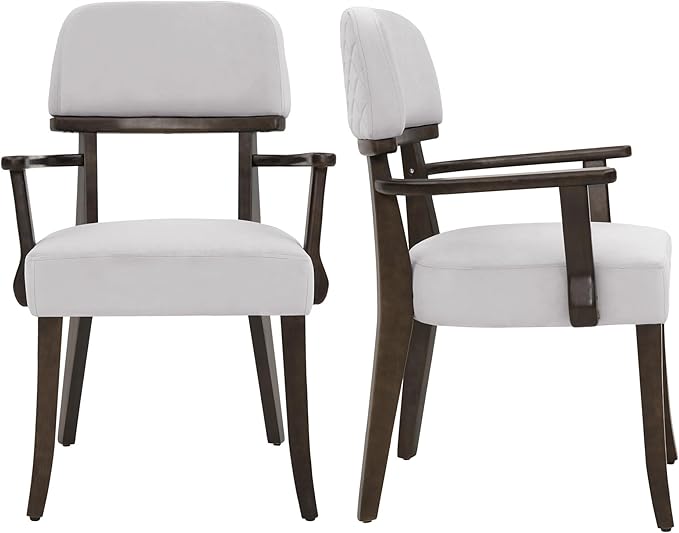 Modern Wood Dining Chairs with Arms Set of 2, Velvet Upholstered Kitchen Chairs with Open Curved Backrest & Black Hardwood Legs, Accent Chairs 350 LBS Capacity, Grey