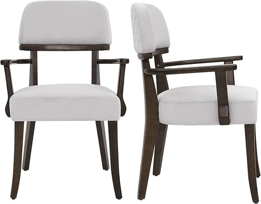 Modern Wood Dining Chairs with Arms Set of 2, Velvet Upholstered Kitchen Chairs with Open Curved Backrest & Black Hardwood Legs, Accent Chairs 350 LBS Capacity, Grey